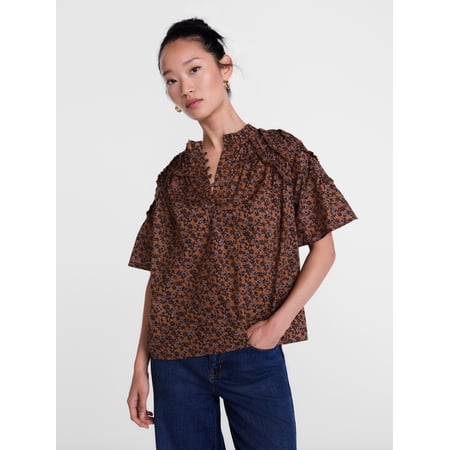 Scenario Women's Gathered Cotton Voile Top with Short Sleeves, Size XS-XXXL