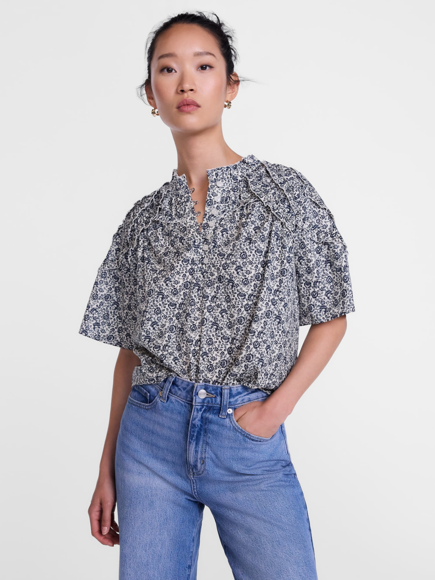 Scenario Women's Gathered Cotton Voile Top with Short Sleeves, Size XS-XXXL