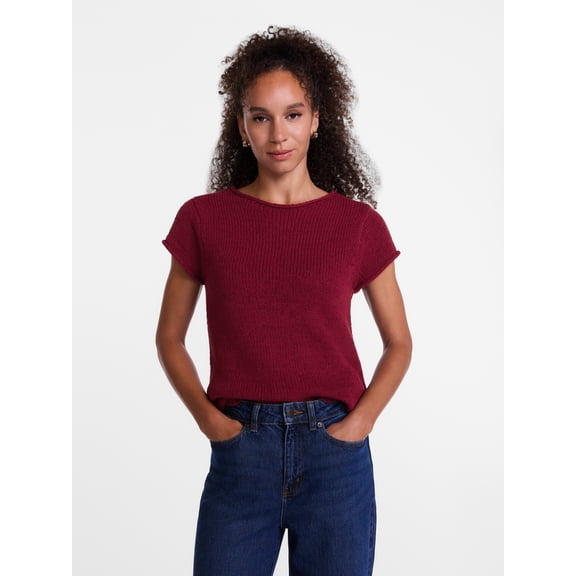 Scenario Women's and Women's Plus Pullover Rollneck Lightweight Sweater with Short Sleeves, Sizes XS-4X