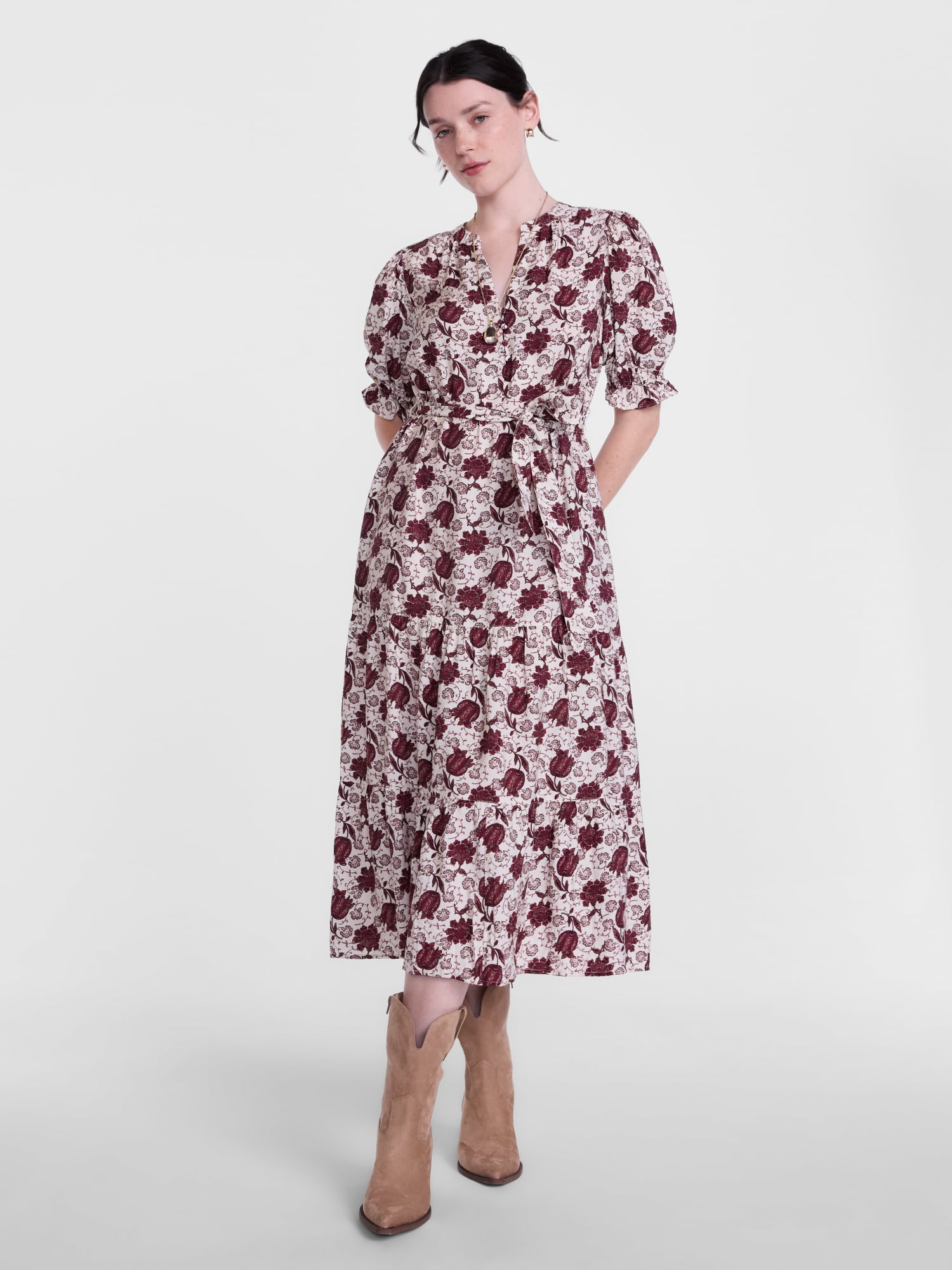Scenario Women's and Women's Plus Tiered Midi Dress with Short Sleeves, Sizes XS-4X