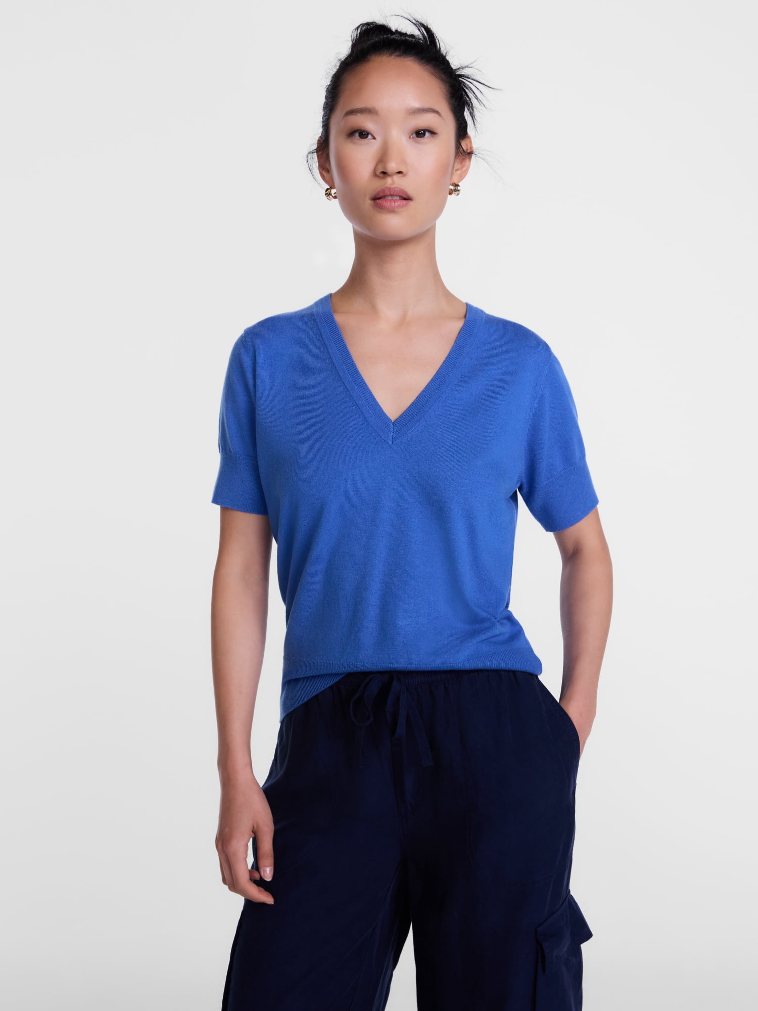 Scenario Women's V-Neck Lightweight Sweater with Short Sleeves, Sizes XS-XXXL