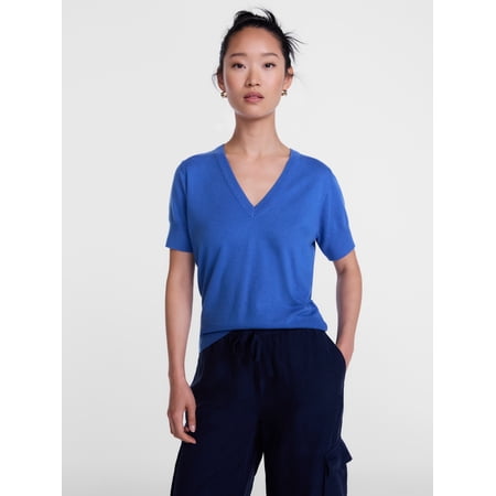 Scenario Women's V-Neck Lightweight Sweater with Short Sleeves, Sizes XS-XXXL