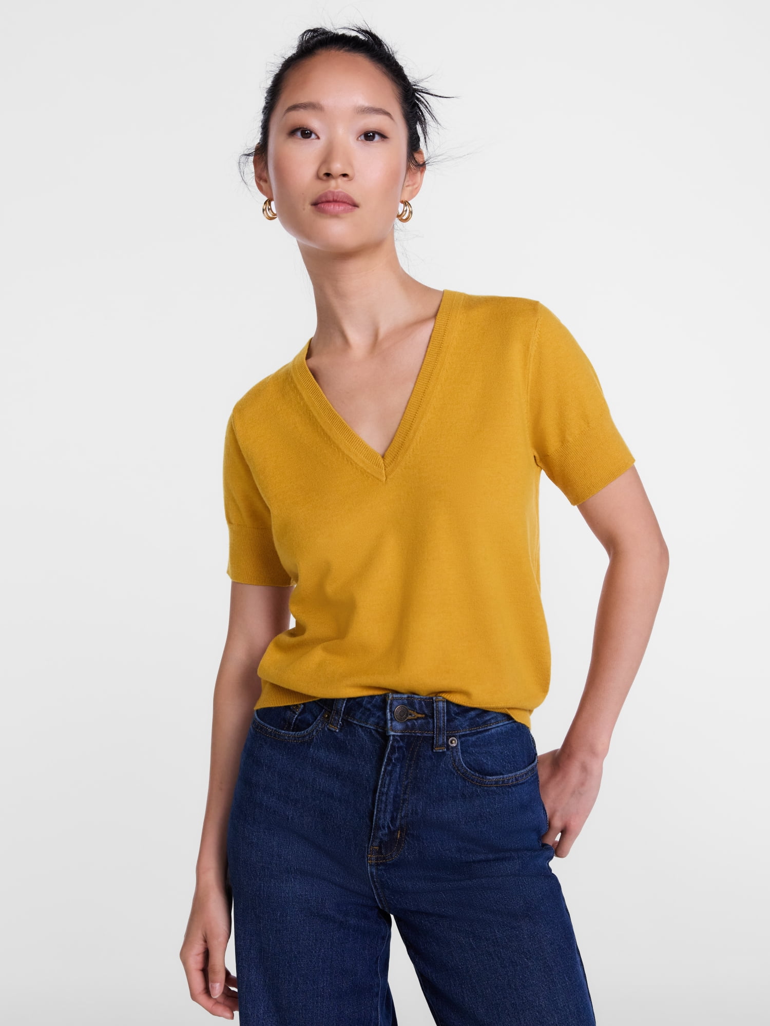 Scenario Women's V-Neck Lightweight Sweater with Short Sleeves, Sizes XS-XXXL