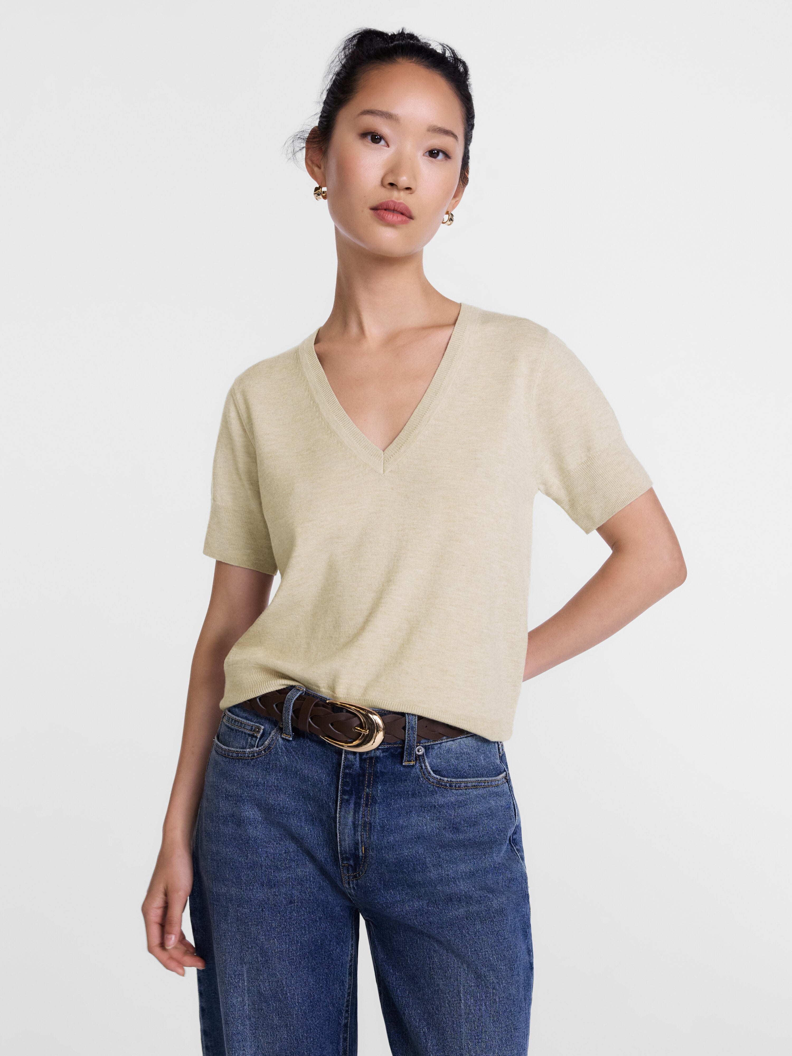 Scenario Women's V-Neck Lightweight Sweater with Short Sleeves, Sizes XS-XXXL