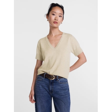 Scenario Women's V-Neck Lightweight Sweater with Short Sleeves, Sizes XS-XXXL