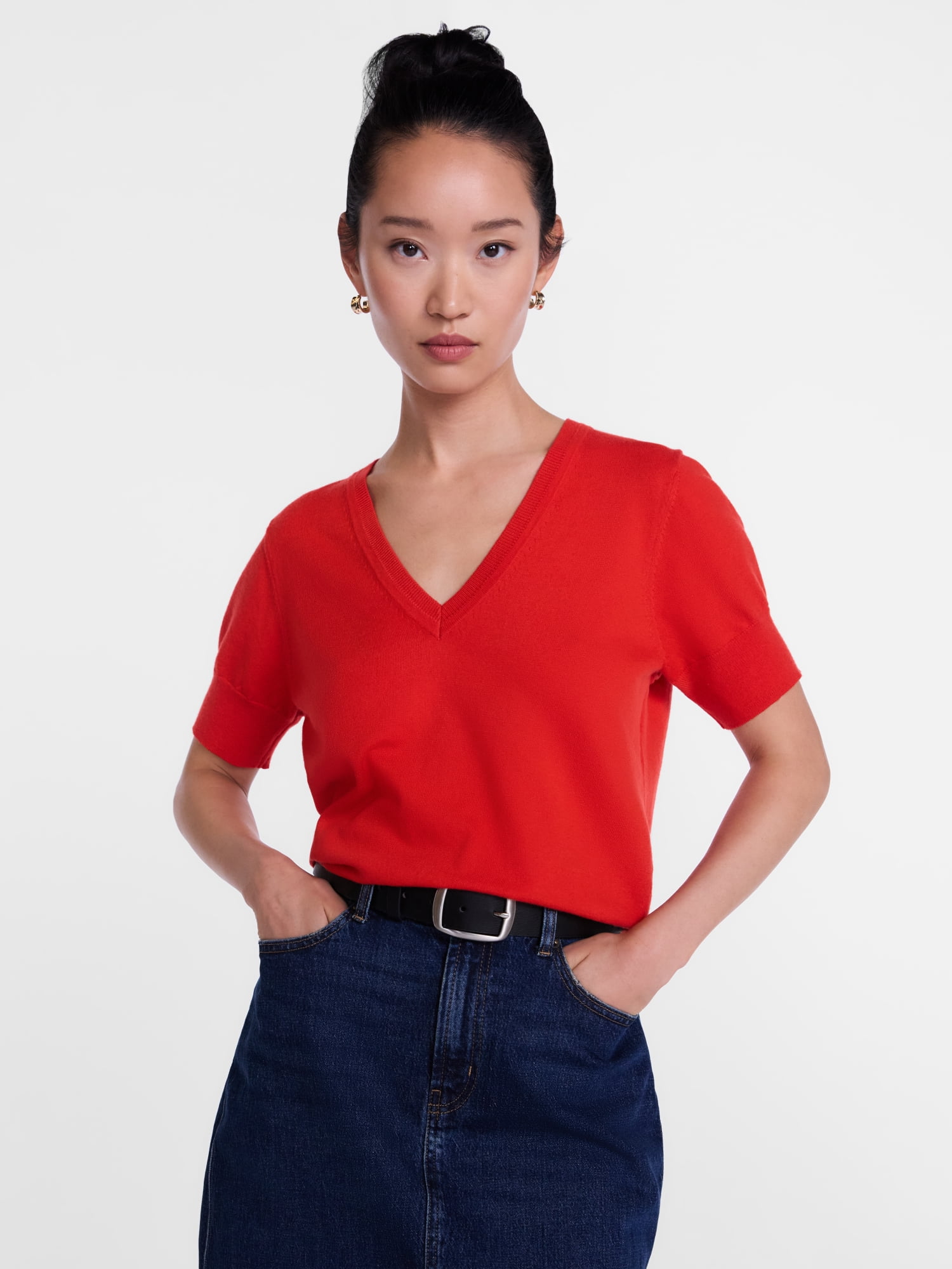 Scenario Women's V-Neck Lightweight Sweater with Short Sleeves, Sizes XS-XXXL