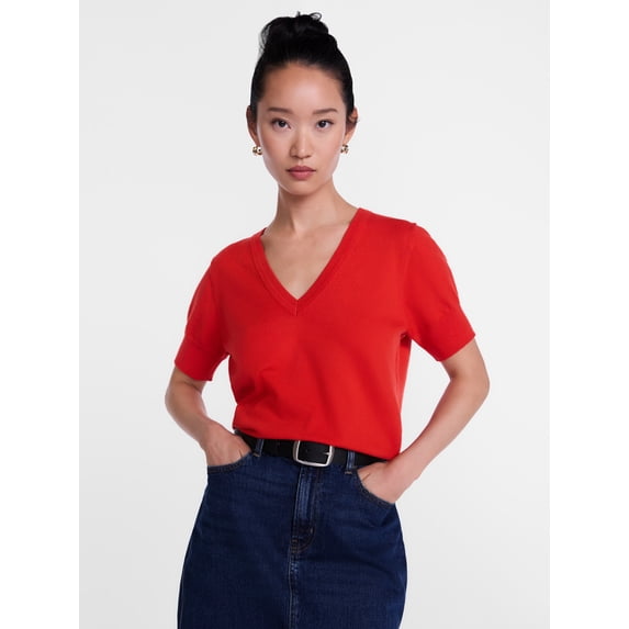 Scenario Women's V-Neck Lightweight Sweater with Short Sleeves, Sizes XS-XXXL