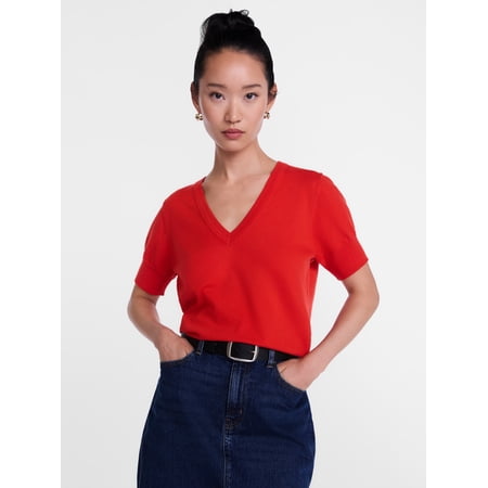 Scenario Women's V-Neck Lightweight Sweater with Short Sleeves, Sizes XS-XXXL