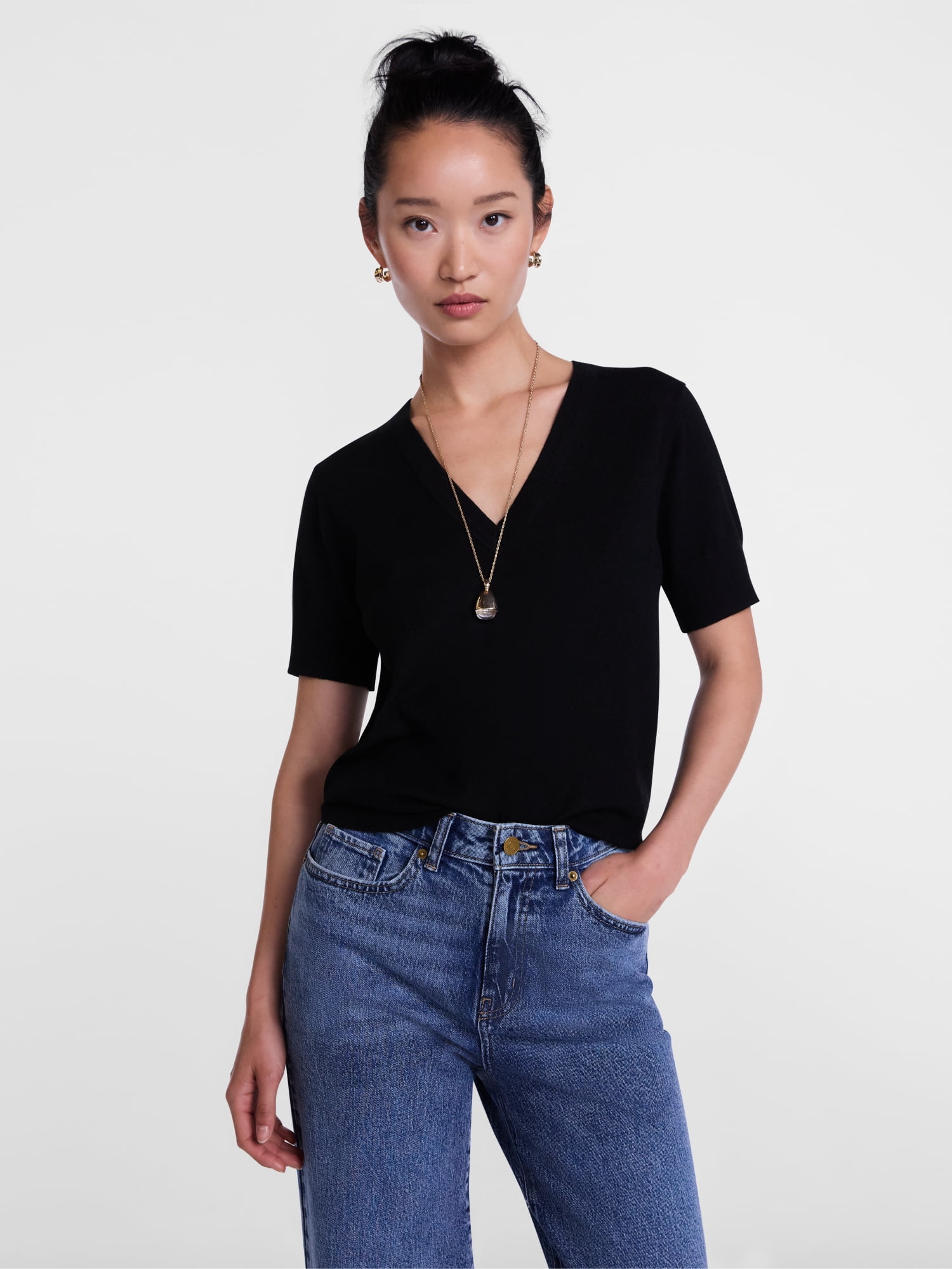 Scenario Women's V-Neck Lightweight Sweater with Short Sleeves, Sizes XS-XXXL