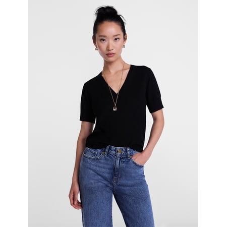 Scenario Women's V-Neck Lightweight Sweater with Short Sleeves, Sizes XS-XXXL