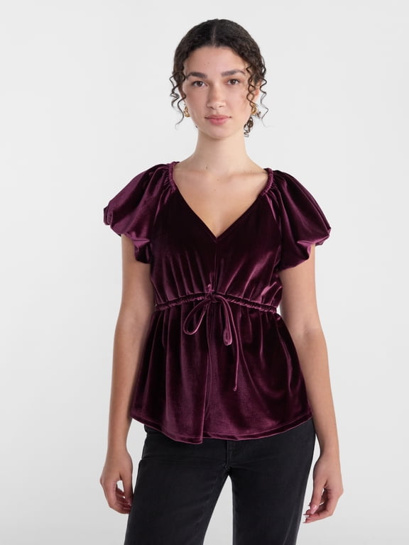 Women's Velvet Top with Short Bubble Sleeves, Sizes XS-XXXL