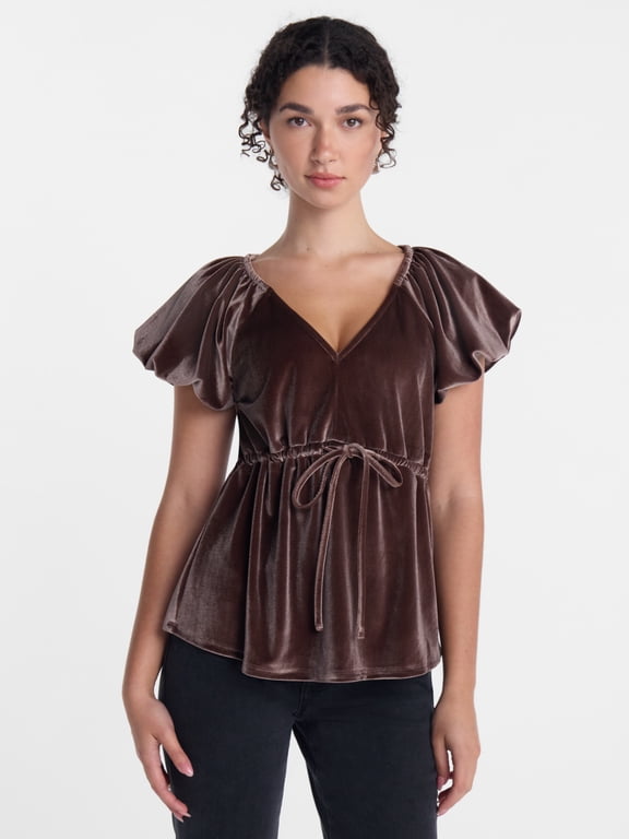 Women's Velvet Top with Short Bubble Sleeves, Sizes XS-XXXL