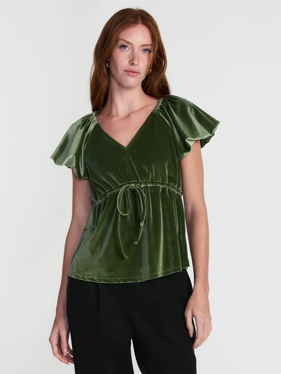 Women's Velvet Top with Short Bubble Sleeves, Sizes XS-XXXL