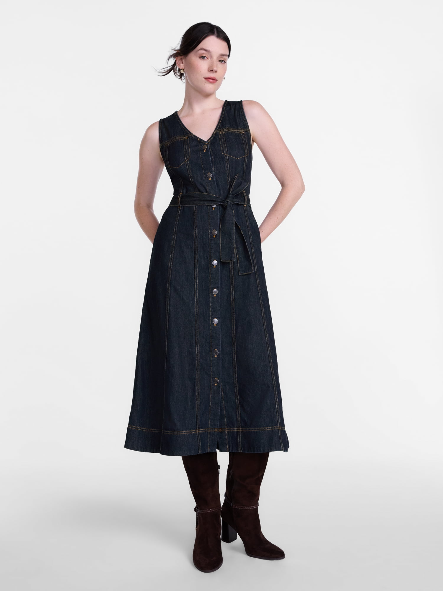 Scenario Women's and Women's Plus Sleeveless Denim Midi Dress, Sizes XS-4X