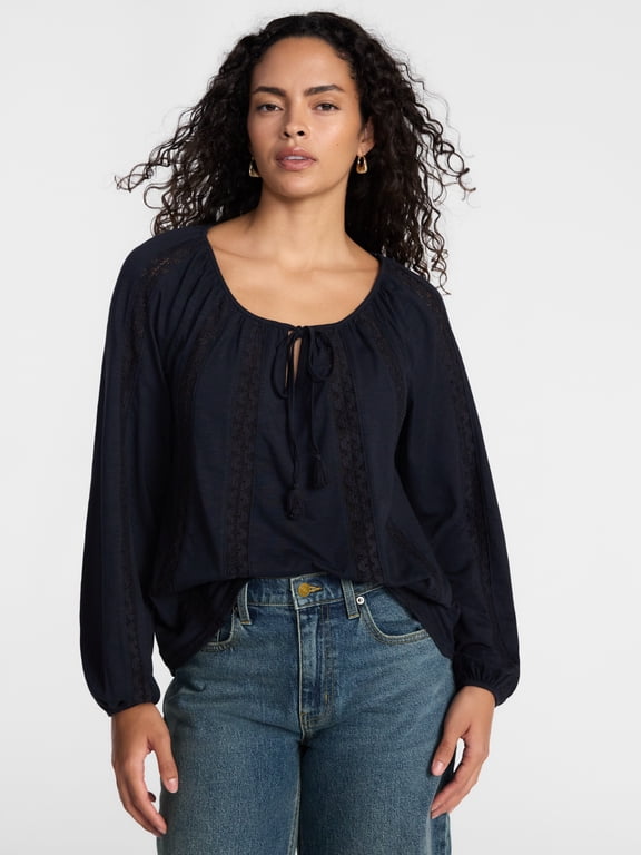 Women's Split Neck Lace Trim Top with Long Sleeves, Sizes XS-XXXL