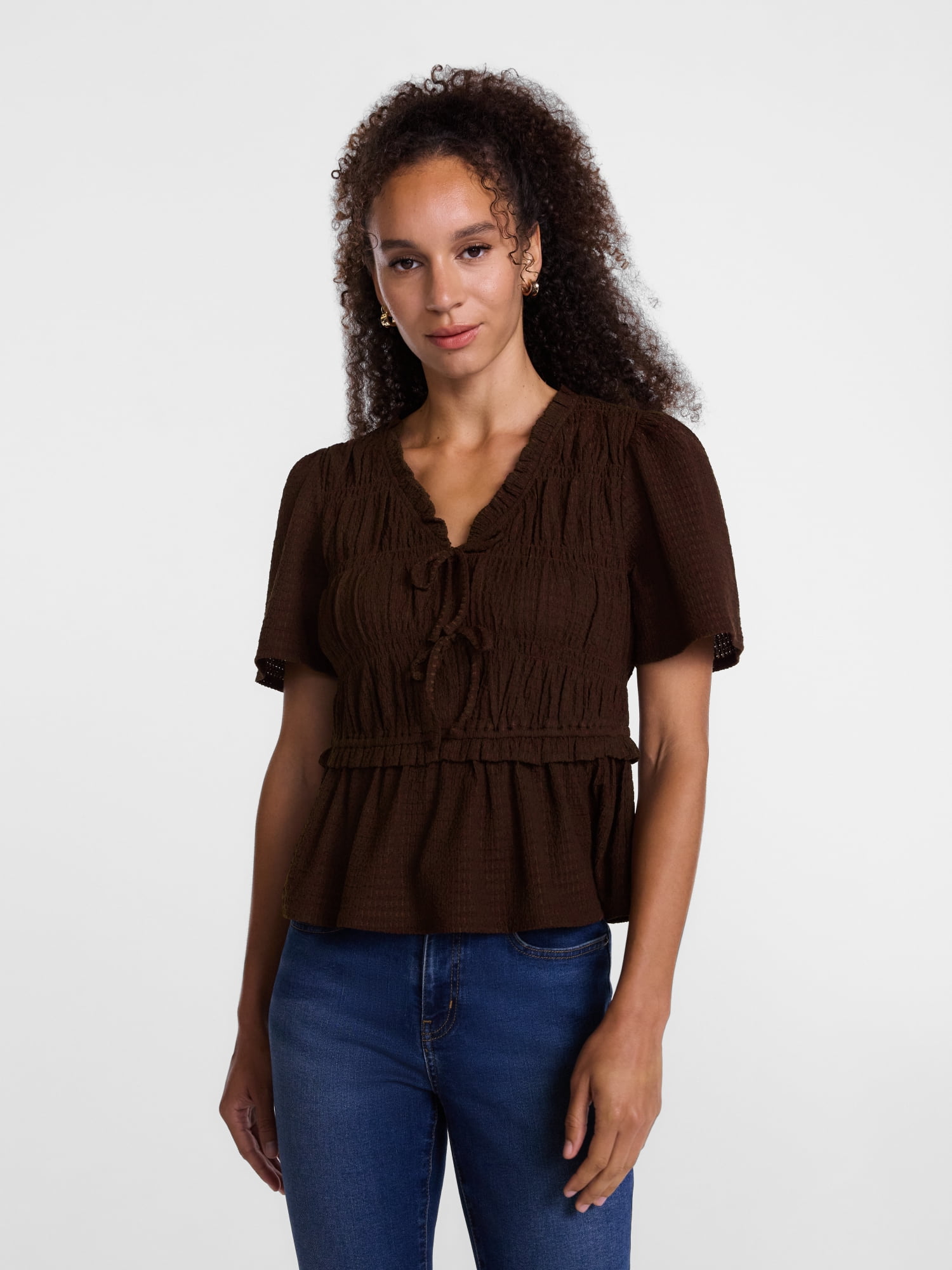 Scenario Women's and Women's Plus Textured Tie Front Top, Sizes XS-4X
