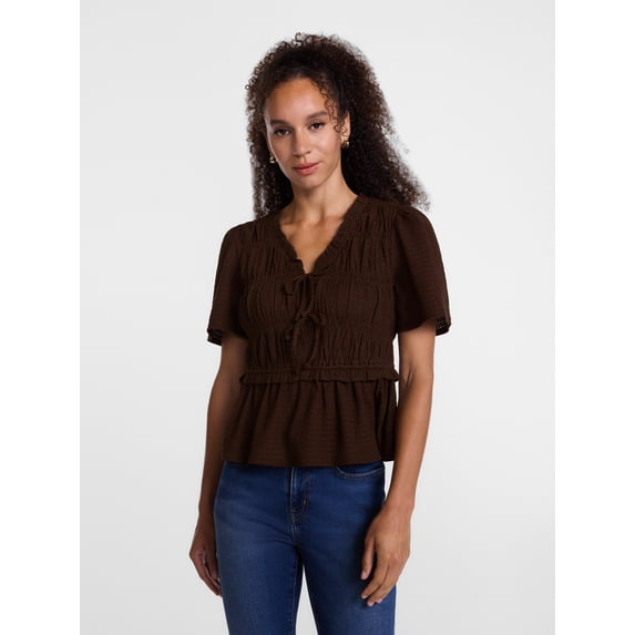 Scenario Women's and Women's Plus Textured Tie Front Top, Sizes XS-4X