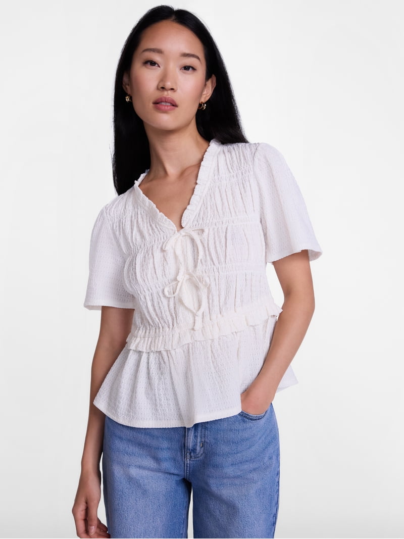 Scenario Women's and Women's Plus Textured Tie Front Top, Sizes XS