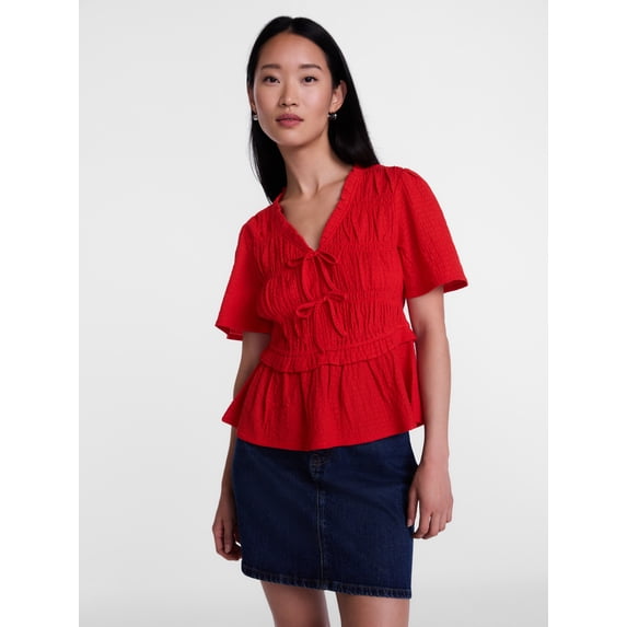 Scenario Women's and Women's Plus Textured Tie Front Top, Sizes XS-4X