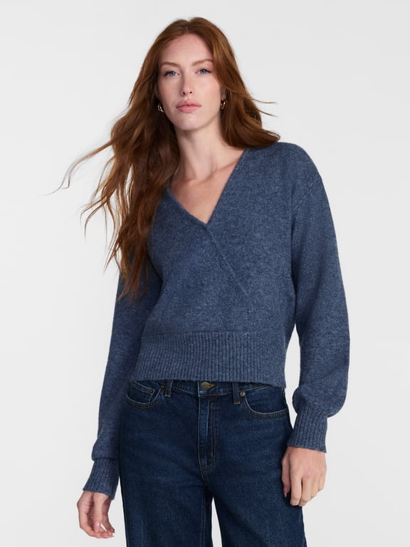 Women's V Neck Faux Wrap Pullover Sweater, Lightweight, Sizes XS-XXXL