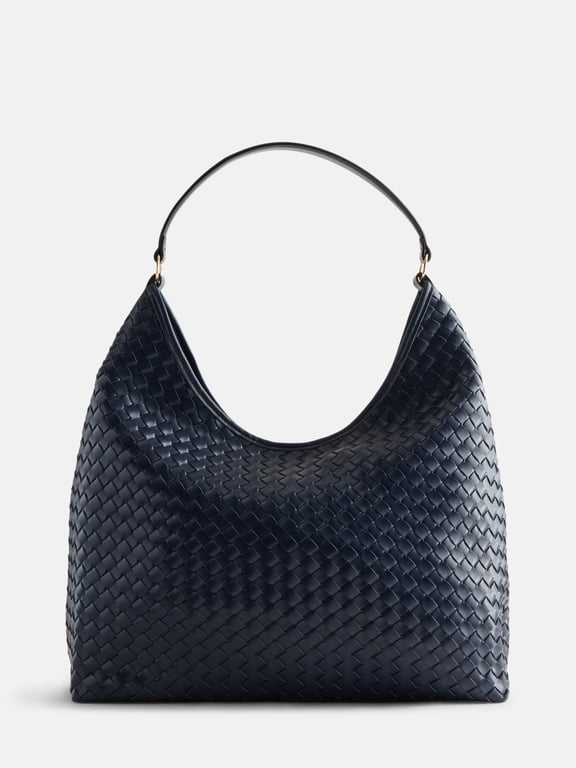 Women's Faux Leather Woven Hobo Shoulder Bag, Dark Navy