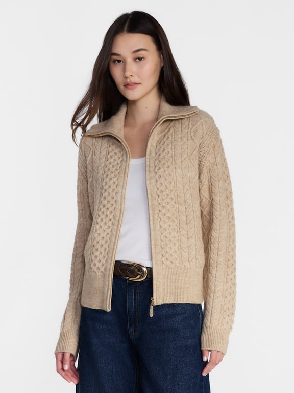Women's and Women's Plus Cable Knit Zip Front Cardigan Sweater, Sizes XS-4X