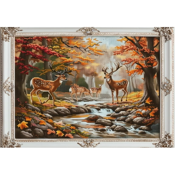 Scene of Deer River Autumn Tree DIY 11CT Stamped Cross Stitch Kits for Beginners Easy Needlepoint Embroidery Counted Cross Stitch Art Craft for Wall Decoration 12x16inch(1)