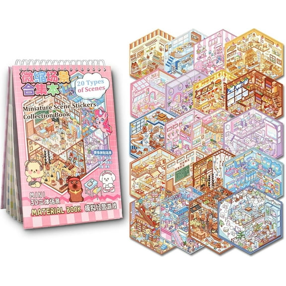 Children's Scene Sticker Book, 20 Sets 3D Stickers Scene Adult Fun Mini Cute Kawaii Sticker Therapy 3D Scene 3D House Sticker Set Stress Relief Pass The Time