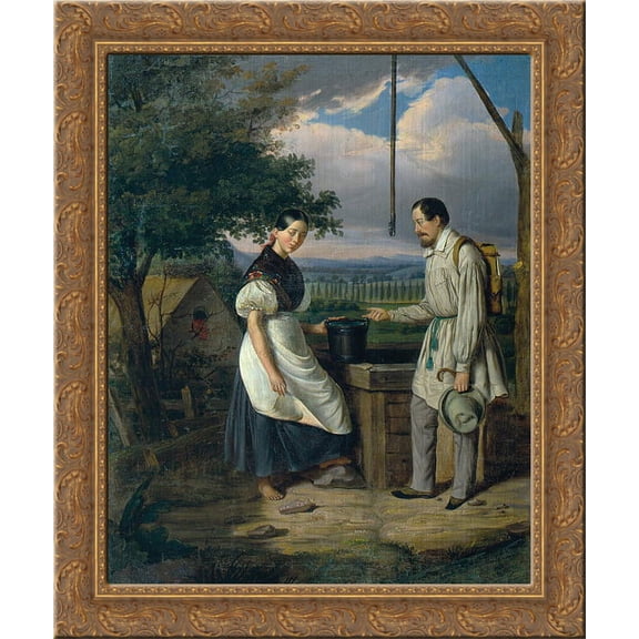 Scene at a Fountain 24x20 Gold Ornate Wood Framed Canvas Art by Constantin Daniel Rosenthal