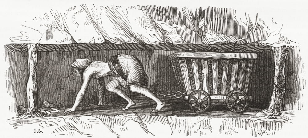 Scene inside an English coal mine early 19th century A hurrier transporting coal in a corf From Le Magasin Pittoresque published 1843 Canvas Art - Ken Welsh Design Pics (40 x 18)