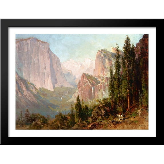 Scene of Yosemite. Bridalveil Fall 38x28 Large Black Wood Framed Print Art by Thomas Hill