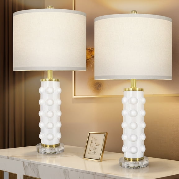 Scenekoy White Ceramic Table Lamps Set of 2 for Living Room Bedroom 23.75" Farmhouse Modern Bedside Lamp with 3-Way Dimmable Bulbs Lampshade
