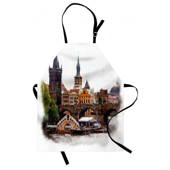 Scenery Apron European Country Landscape with Houses and River Watercolors Style Artistic Print, Unisex Kitchen Bib Apron with Adjustable Neck for Cooking Baking Gardening, Multicolor, by Ambesonne