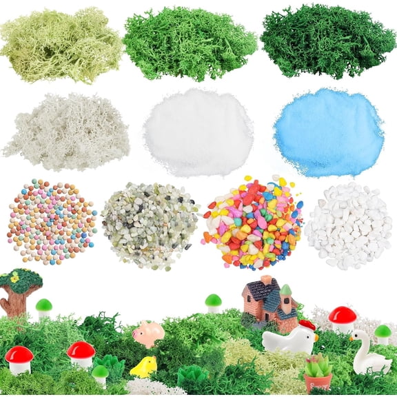 Scenery Basing Material Kit, 10 Pack Fairy Garden Miniatures Accessories Kit Dry Grass Moss Model Stone River Desert for DIY Crafts, Mini Garden Scenery Railway Model