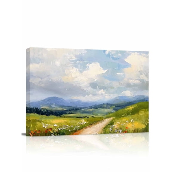 Scenery Cloud Flower Canvas Print Wall Art Landscape Grass Framed Canvas Art Wall Decor Minimalist Style Pictures Painting Morden Artwork for Living Room Bedroom, Ready to Hang - 12"x16"