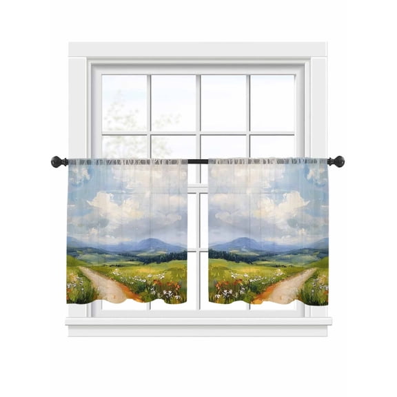 Scenery Cloud Flower Sheer Curtains 2 Panels Set Landscape Grass Sheer Window Curtains Light Filtering Rod Pocket Voile Drapes for Bedroom Living Room 52"x54"