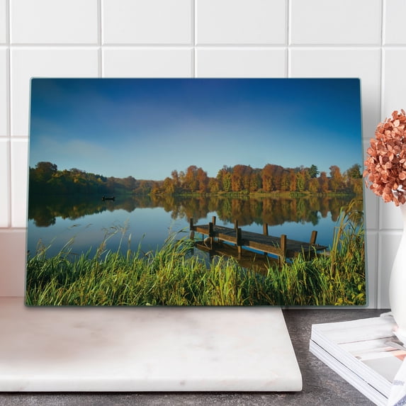 Scenery Cutting Board, Lake View Fishing Countryside Themed Trees and Reeds Work of Art Photo, Decorative Tempered Glass Cutting and Serving Board, Large Size, Multicolor, by Ambesonne