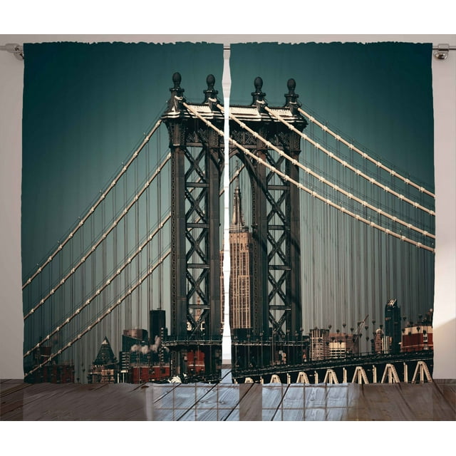 Ambesonne Landscape Curtains 2 Panel Set, Buildings Cityscape, 108" x 90", Teal