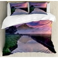 thumbnail image 1 of Scenery Decor Queen Size Duvet Cover Set, Still Lake View with Misty Purple Sunny Sky and Big Mountain on the Background, Decorative 3 Piece Bedding Set with 2 Pillow Shams, Multi, by Ambesonne, 1 of 3