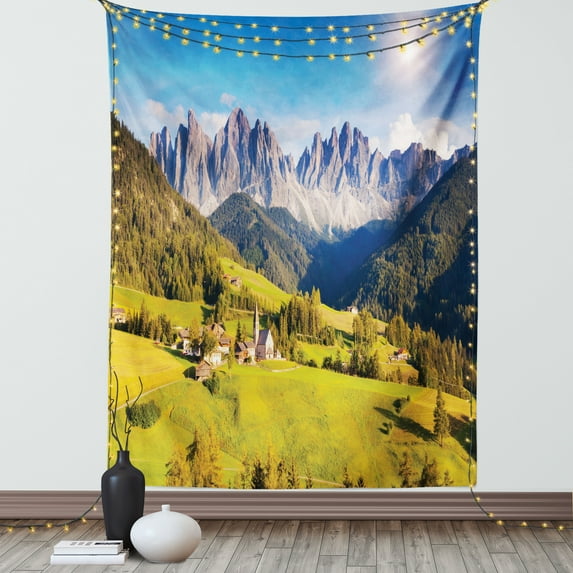 Scenery Decor Tapestry, Village View with Lined Mountain Peaks and Meadow Northern European Alps Art, Wall Hanging for Bedroom Living Room Dorm Decor, 40W X 60L Inches, Grey Green, by Ambesonne