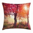 thumbnail image 1 of Scenery Decor Throw Pillow Cushion Cover, Magical View in Fog Forest with Hazy Fairy Sun Beams and Fall Leaves Picture, Decorative Square Accent Pillow Case, 18 X 18 Inches, Red Brown, by Ambesonne, 1 of 2