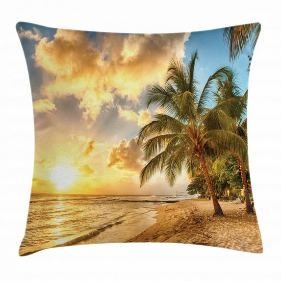 Scenery Decor Throw Pillow Cushion Cover, Tropic Sandy Beach with Horizon at Sunset and Coconut Palm Trees Summer Photo, Decorative Square Accent Pillow Case, 24 X 24 Inches, Cream Blue, by Ambesonne