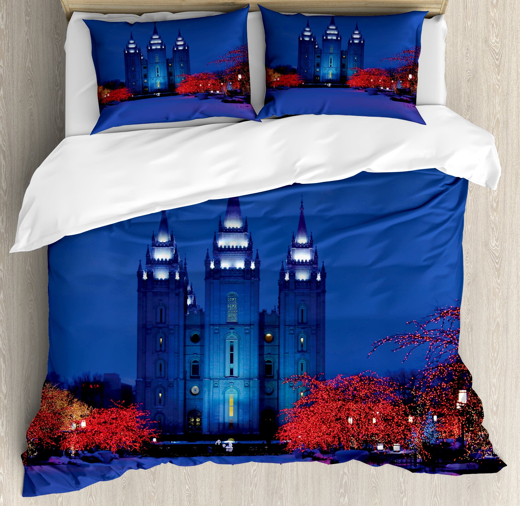 Queen White and Blue Castle Landmark Duvet Cover Set