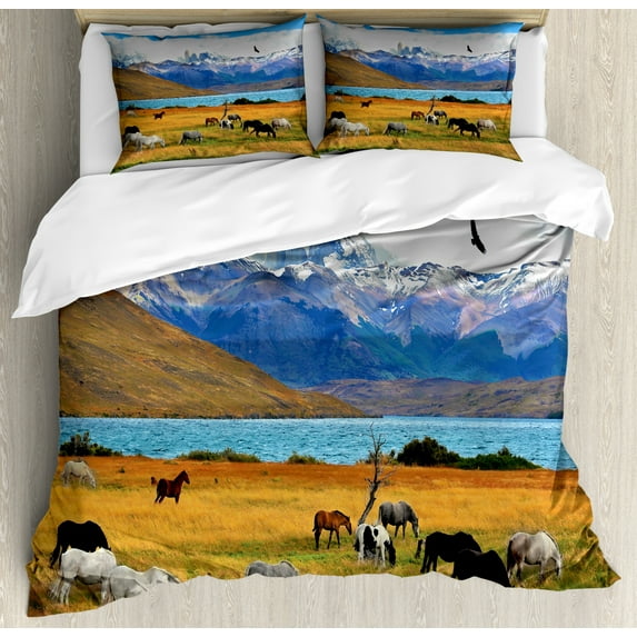 Scenery Duvet Cover Set King Size, Animal Farm with Horses in the Vast Combe with Mountains Desert Art Photograph, Decorative 3 Piece Bedding Set with 2 Pillow Shams, Multicolor, by Ambesonne