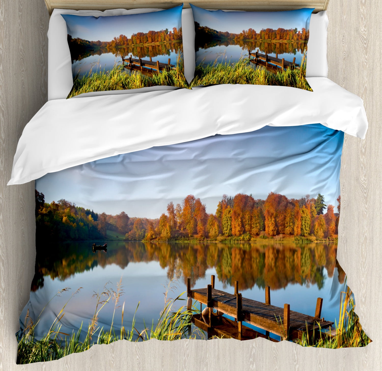 Multicolor Lake View Countryside Queen Duvet Cover Set