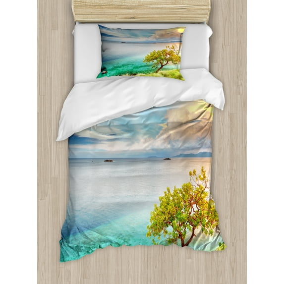 Scenery Duvet Cover Set, Sea Wiev Landscape Sunset Dawn Beach Abandoned Island Art Print Image, Decorative 2 Piece Bedding Set with 1 Pillow Shams, Twin Size, Aqua Turquoise and Green, by Ambesonne