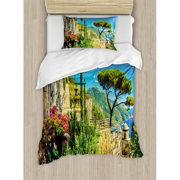Scenery Duvet Cover Set Twin Size, Mediterranean Cute Stone Made Village with Trees Blossoms Flower Mountain and Sea, Decorative 2 Piece Bedding Set with 1 Pillow Sham, Multicolor, by Ambesonne