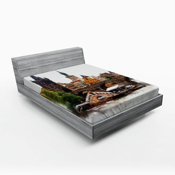 Scenery Fitted Sheet, European Country Landscape with Houses and River Watercolors Style Print, Soft Decorative Fabric Bedding, Queen Size, Multicolor, by Ambesonne