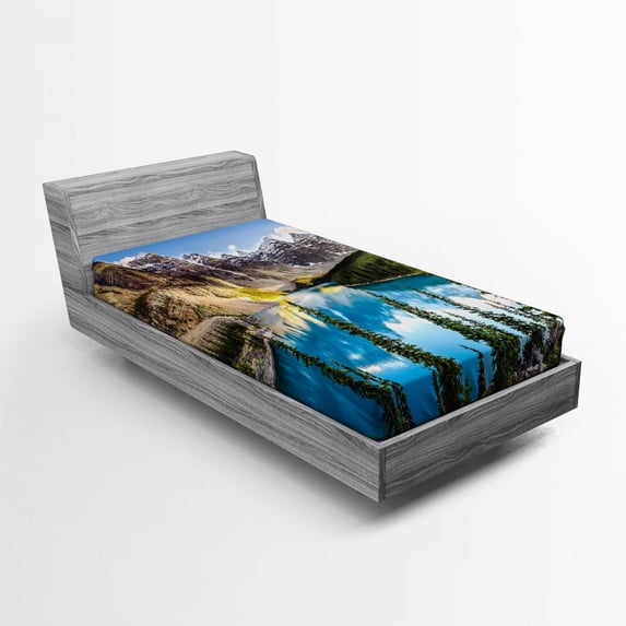 Scenery Fitted Sheet Nature Sunset View of Morain Lake and Mountain Range Alberta Canada Landscape, Soft Decorative Fabric Bedding, Aqua and Brown, by Ambesonne