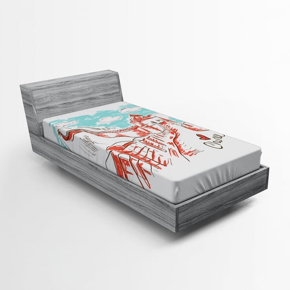 Ambesonne Scenery Fitted Sheet, Sketch Chinese, Twin Size, Aqua Ruby